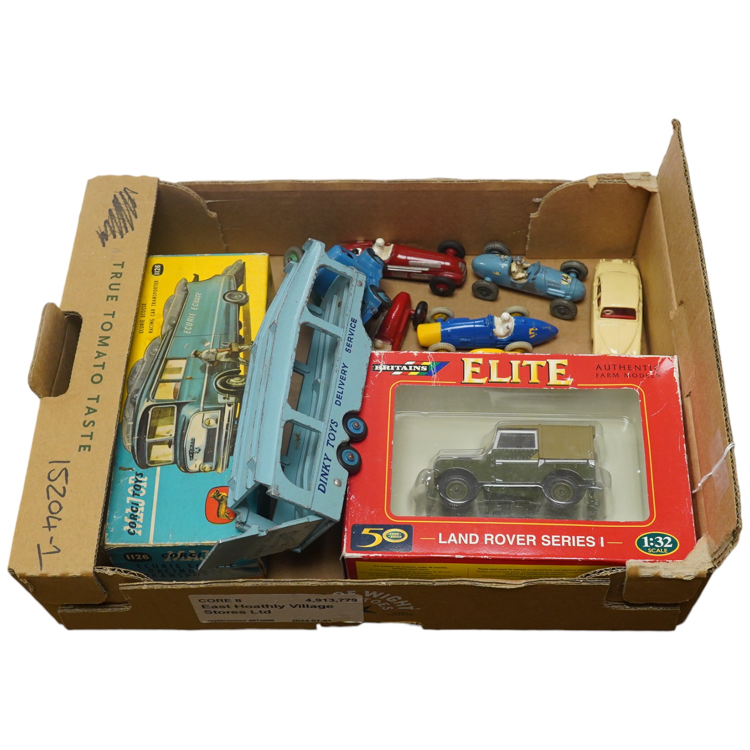 Ten diecast vehicles by Dinky Toys, Corgi Toys, Britains, and Crescent; a boxed Ecurie Ecosse Racing Car Transporter (1126), a Land Rover Series 1, A Pullmore car transporter, a Gordini GP racing car, a Ferrari F1, an Al